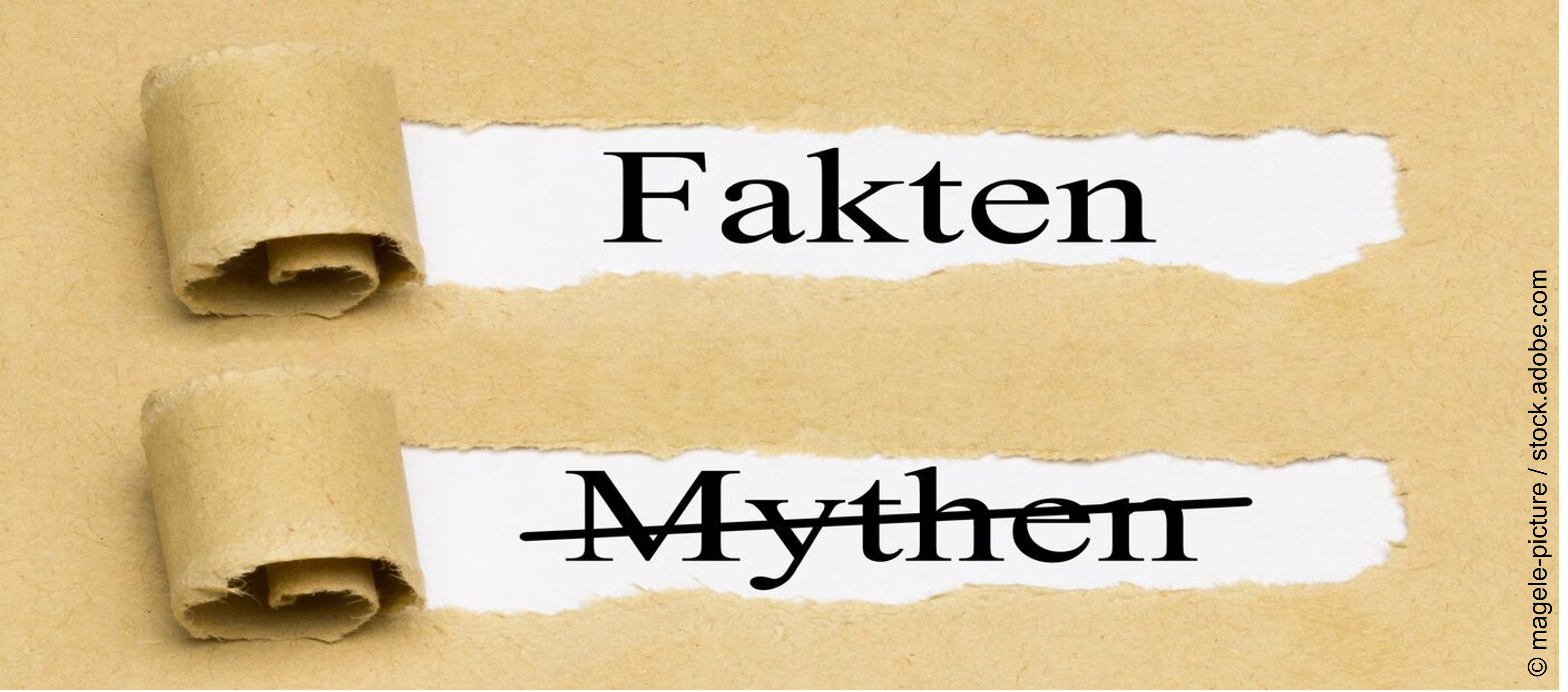 Kartonpapier mit Rissen. Unter den Rissen kommen die Worte Fakten und Mythen hervor. Das Wort Mythen ist durchgestrichen. 